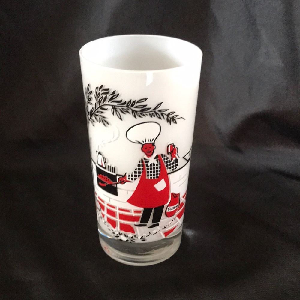 Vintage Glass~Man in Apron/Chef Hat @ BBQ~Red/Black/White~Grilling~MCM
